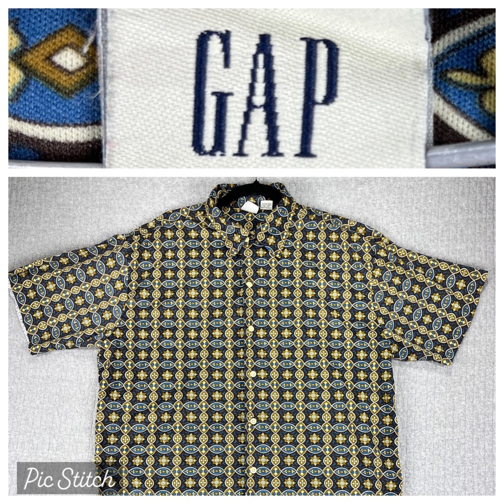 Vintage Gap Button Down Shirt Men L Blue Gold Geometric Medallion Short Sleeve